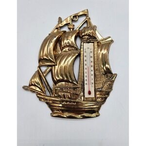 Vintage Brass Gold Tone Sailing Ship Galleon Wall Thermometer Hong Kong Plastic